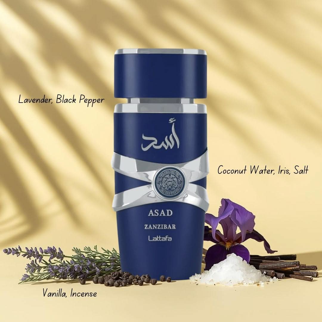 Lattafa Ameer Al Oudh Intense Oud & Asad Zanzibar Eau De Parfum spray bundle, 100ml, featuring elegant perfume bottles.