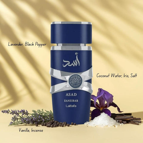 Lattafa Ameer Al Oudh Intense Oud & Asad Zanzibar Eau De Parfum spray bundle, 100ml, featuring elegant perfume bottles.