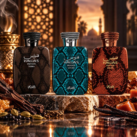 Hawas Private Terra, Luceo & Dulce Extrait De Parfum Spray 100ml (3.38 oz) by Rasasi (Bundle)