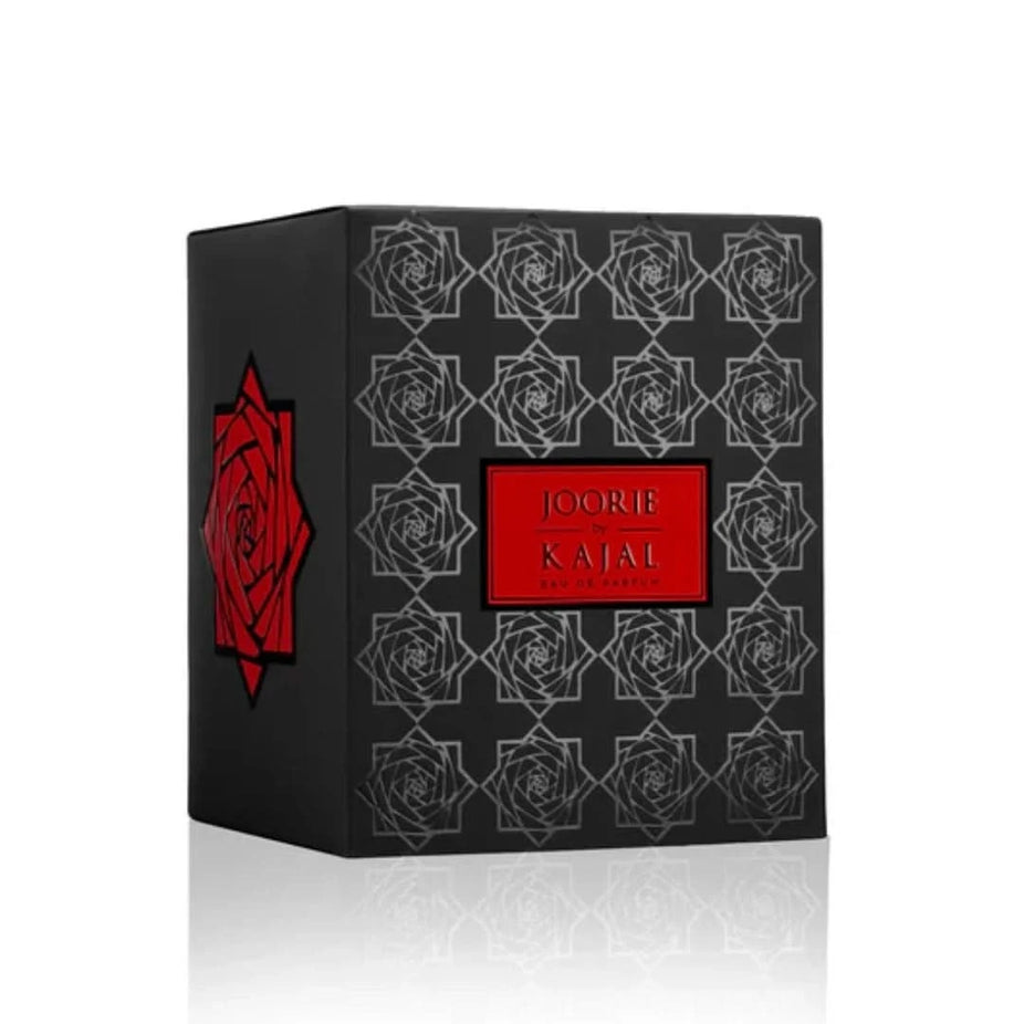 Kajal Joorie Eau de Parfum spray 100ml bottle with elegant packaging and floral accents in the image.