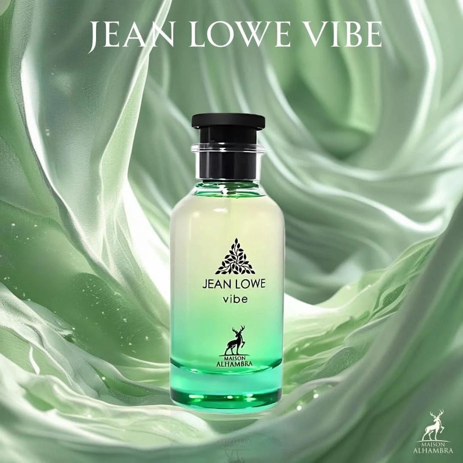 Maison Alhambra Jean Lowe Vibe Eau De Parfum spray 100ml bottle with elegant design and transparent glass container.