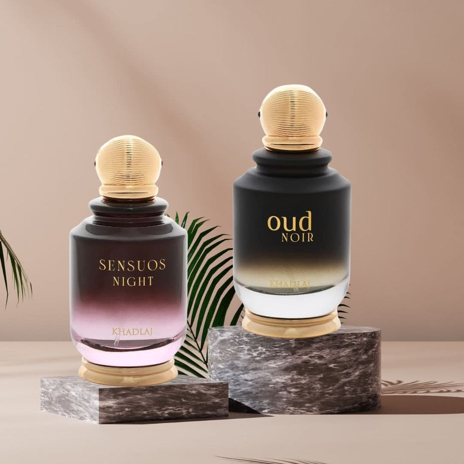 Khadlaj Sensuos Night & Oud Noir Eau de Parfum spray 100ml with elegant perfume bottle and dark, luxurious packaging.
