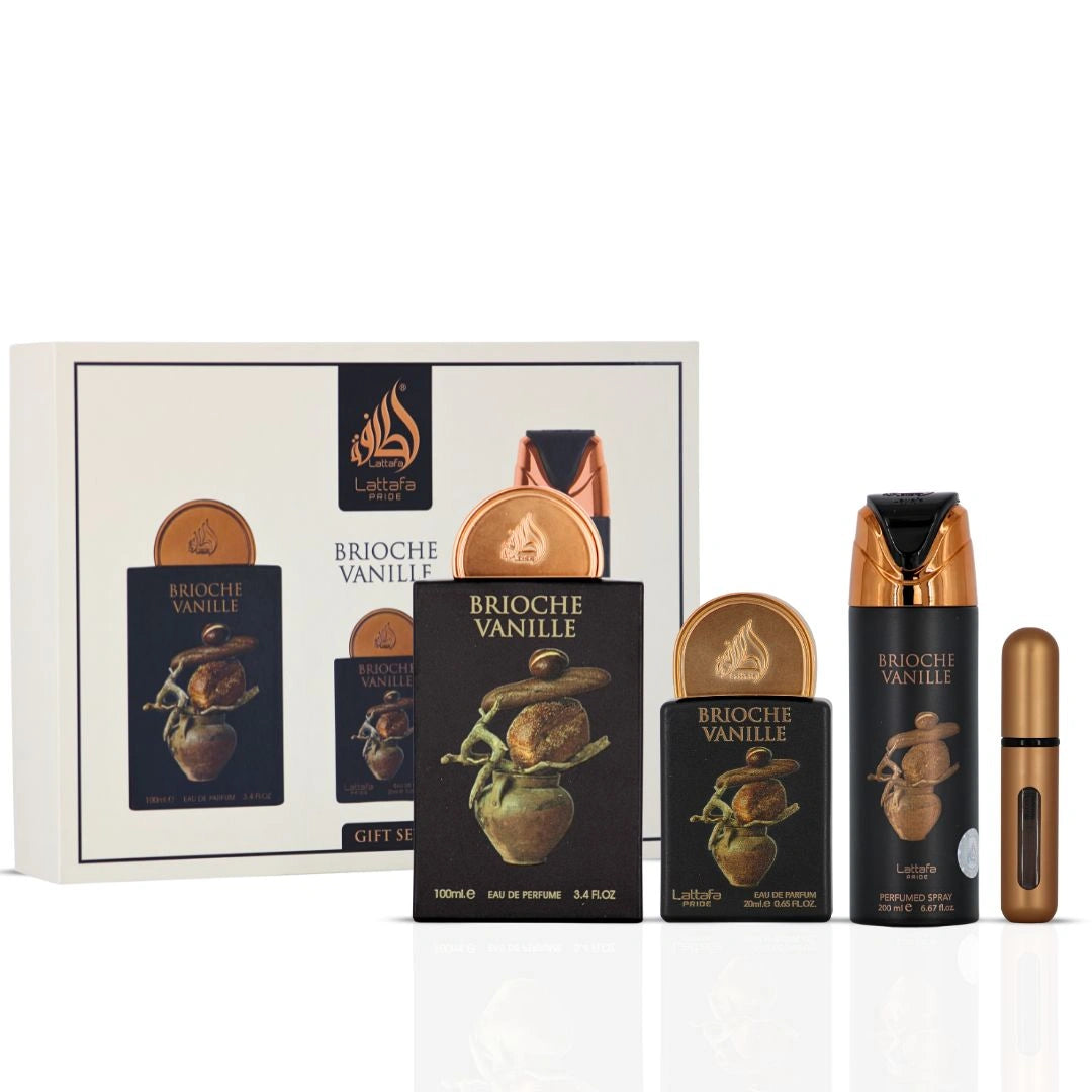 Lattafa Pride Brioche Vanille 3-Piece Eau de Parfum Gift Set | Gourmand Warmth With A Floral-Wooded Twist (Gift Set) - Intense Oud