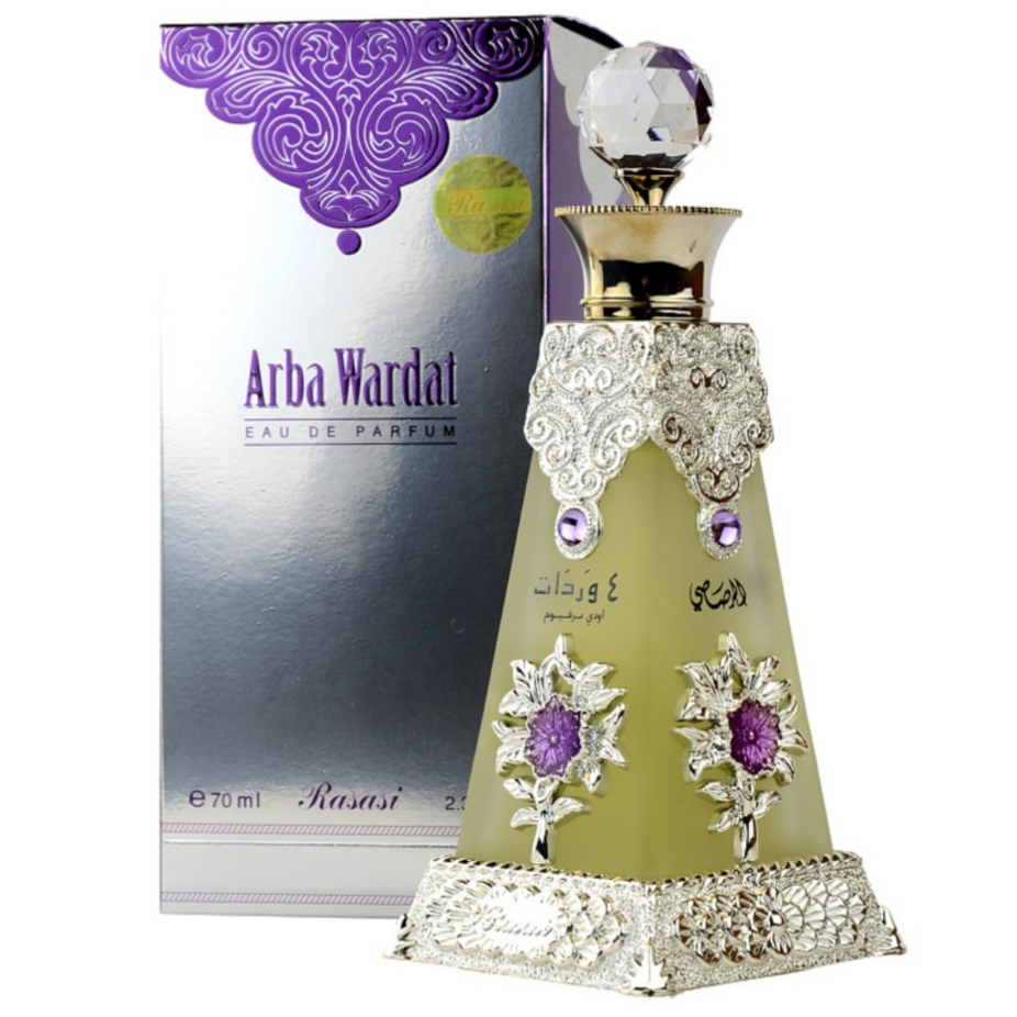 Rasasi Arba Wardat Eau De Parfum bottle with floral and oriental design in 70ml size.