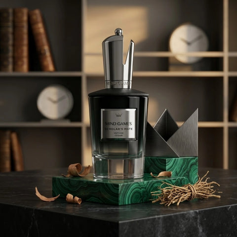 Mind Games Scholar’s Mate Extrait de Parfum 100ml EDP bottle with elegant design, showcasing the fragrance container.