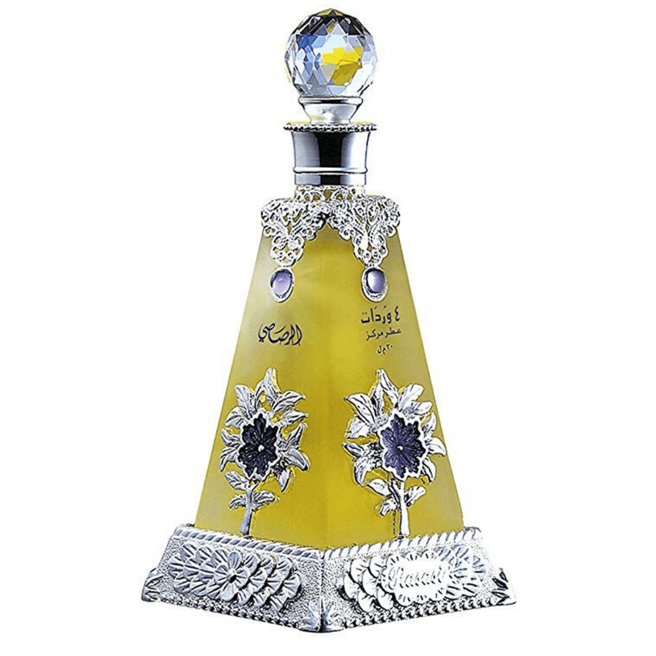 Rasasi Arba Wardat concentrated perfume oil in 30ml bottle, showcasing elegant packaging and luxurious scent.