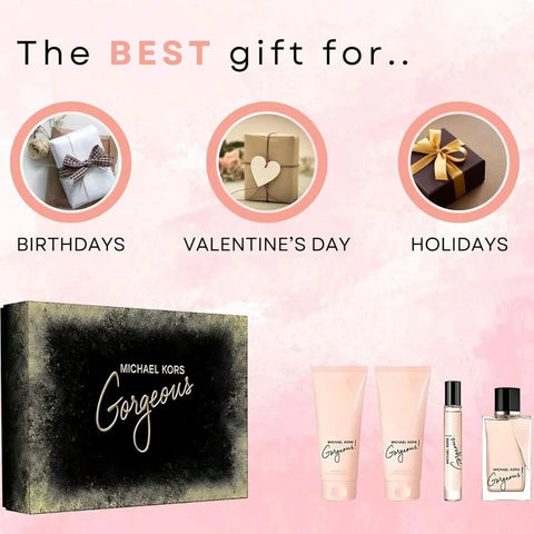 Michael Kors 4-piece gift set includes 3.4oz EDP spray, body lotion, shower gel, and 10ml EDP spray in an elegant box.