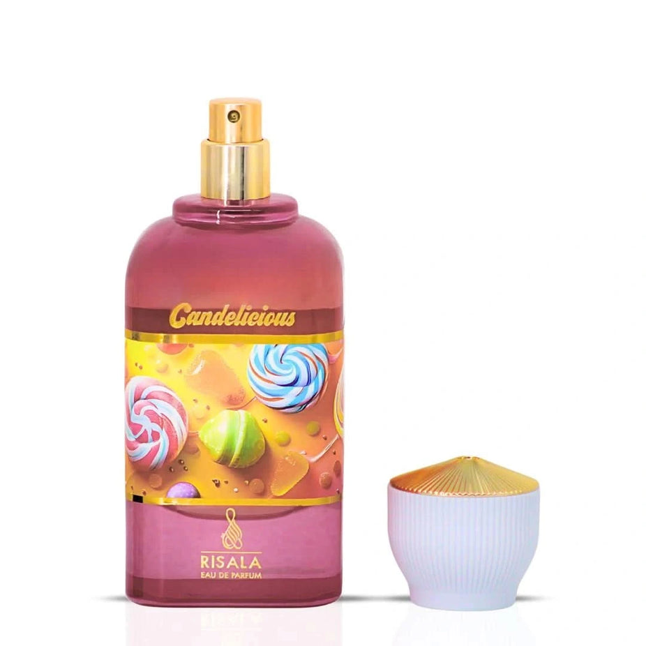 RISALA Candelicious Eau de Parfum Spray 100ml, elegant glass bottle with floral and spicy scent accents.