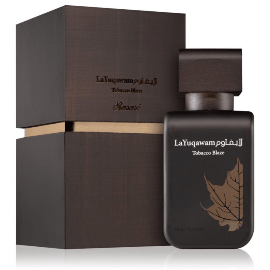 Rasasi La Yuqawam Tobaco Blaze Eau de Parfum spray bottle, 75ml, with warm amber and tobacco scent notes.