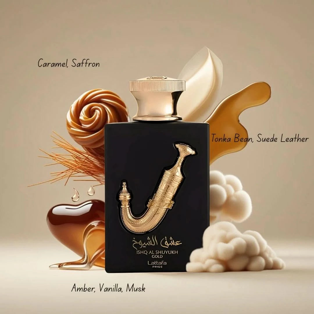 Bundle of two 100ml Lattafa Eau de Parfum sprays featuring Pista Kunafa by Risala and Ishq Al Shuyukh Gold fragrances.