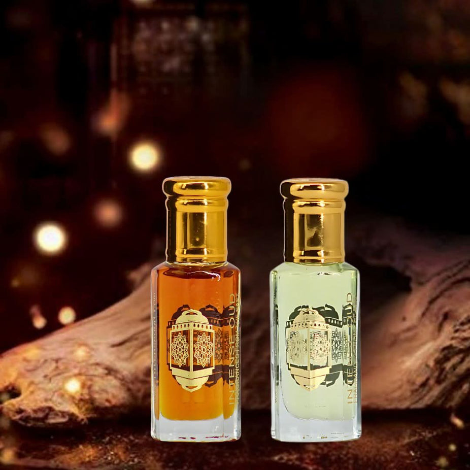 Bundle of Nouf and Dark Amber perfume oils by Intense Oud in 12ml bottles, presented in a sleek black gift box.