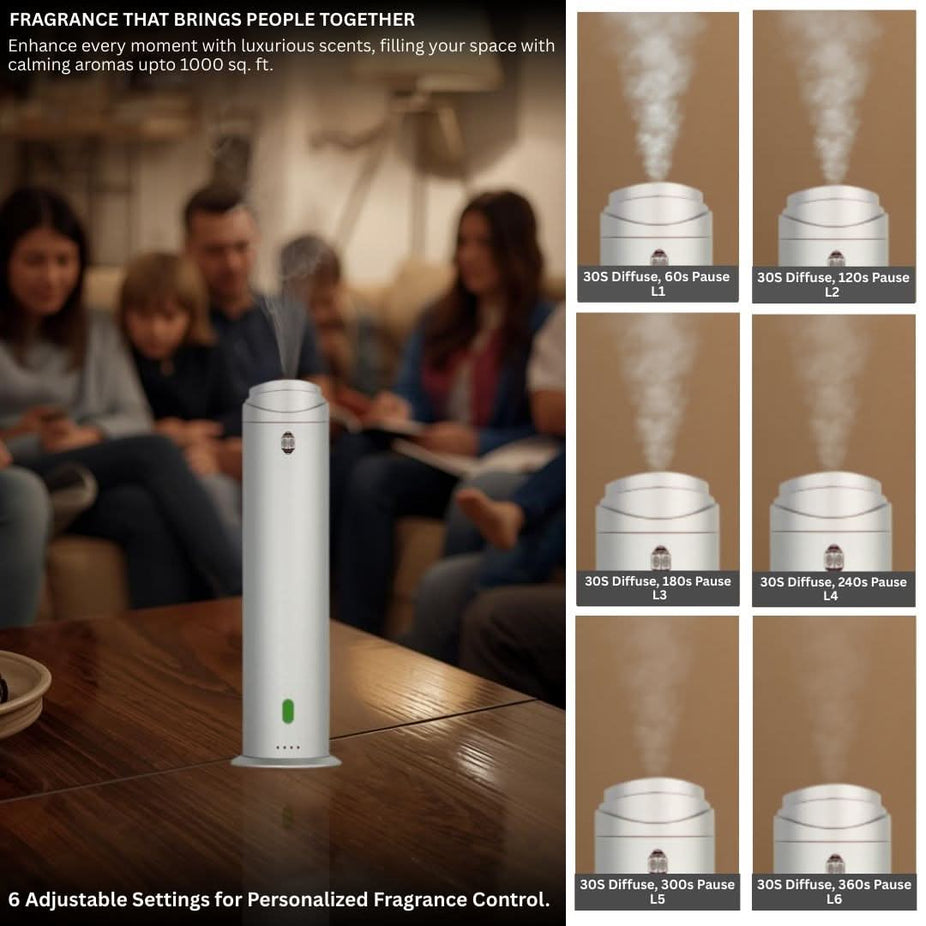 Intense Oud Silver Diffuser with remote, 120ml capacity, adjustable mist, timer, covers 1000 sq ft, waterless aromatherapy diffuser.