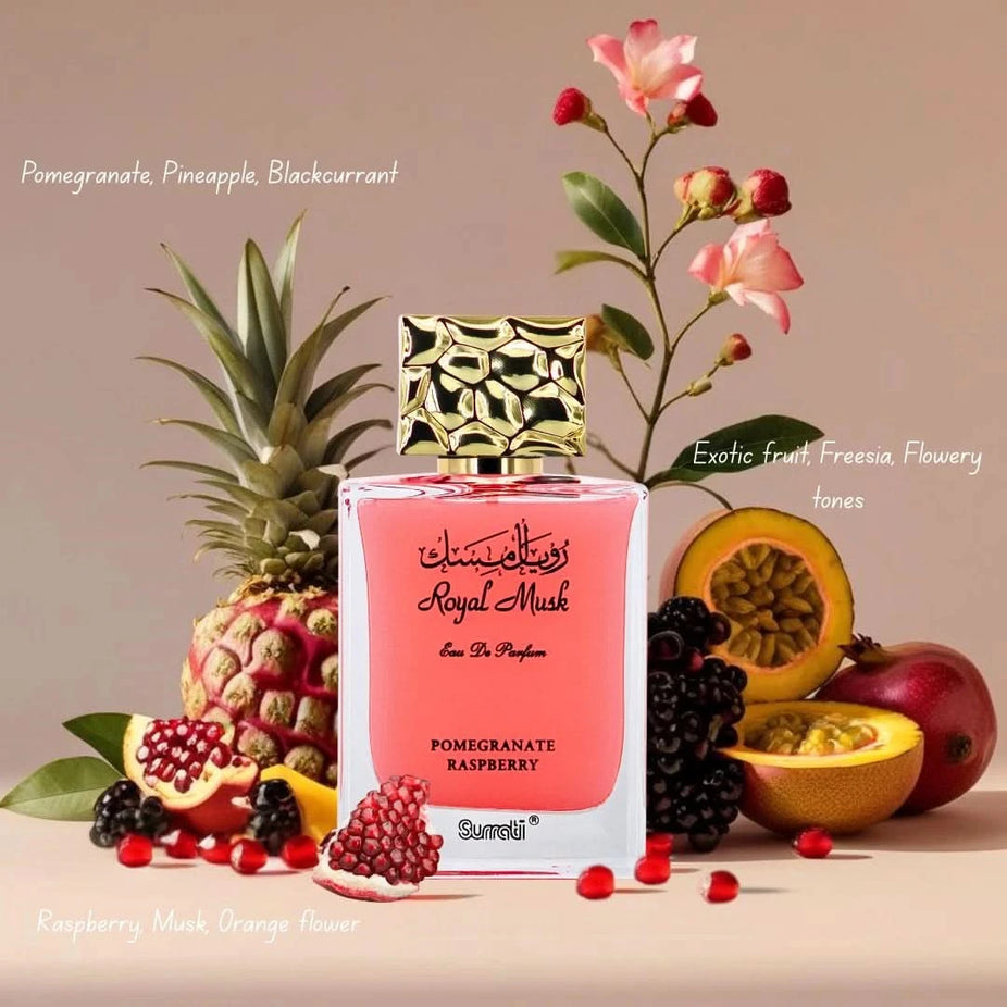 Surrati Royal Musk Pomegranate Raspberry Eau de Parfum Spray 100ml bottle with elegant packaging and floral design.