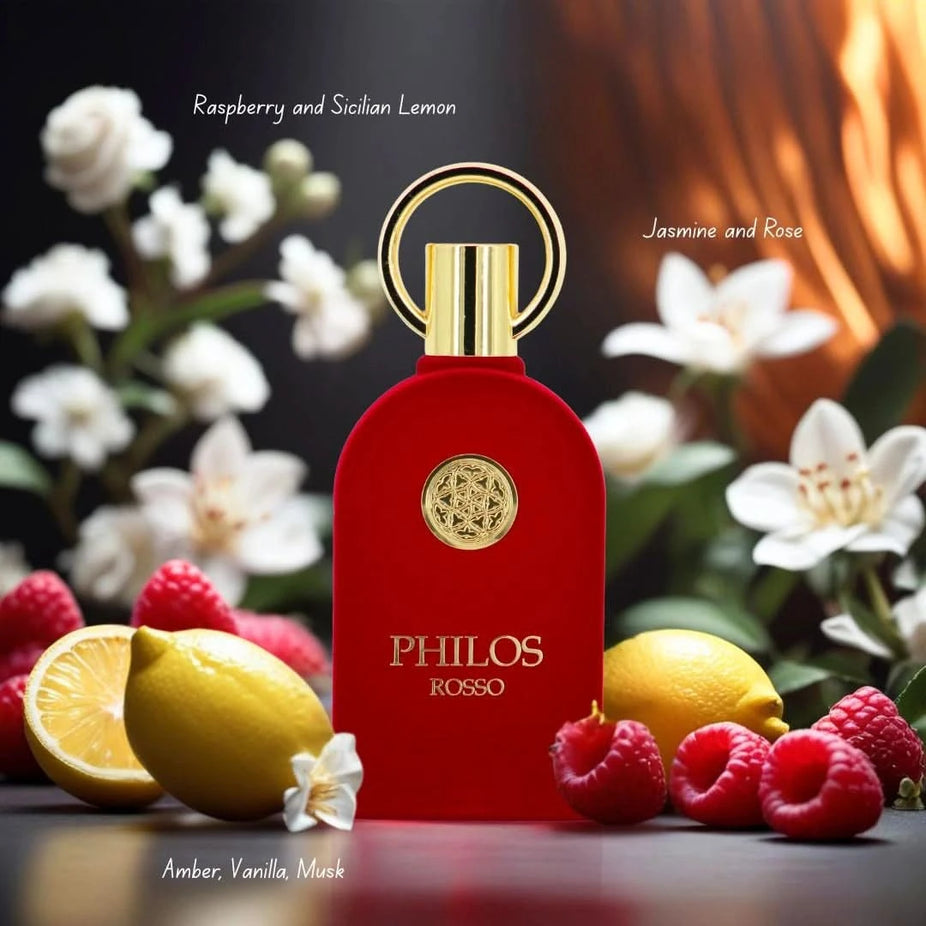 Bundle of Maison Alhambra Philos Eau de Parfum sprays including Philos Centro, Messenger, Opus Noir, Rosso, and Shine in 100ml bottles.