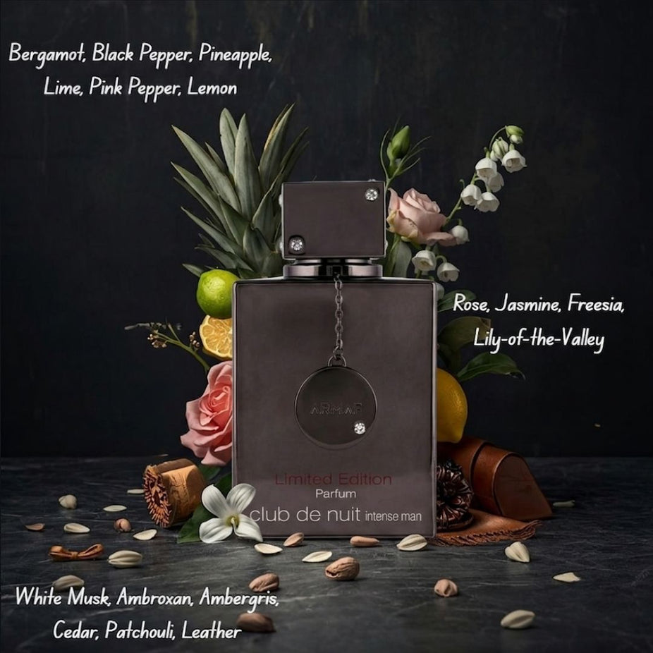 Armaf Club De Nuit Intense Man Limited Edition 105ml EDP extrait de parfum gift box with bottle and packaging.