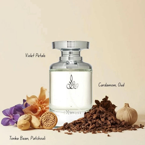 Arabian Oud Diwan Eau de Parfum spray 100ml bottle with elegant packaging and floral, woody fragrance elements.