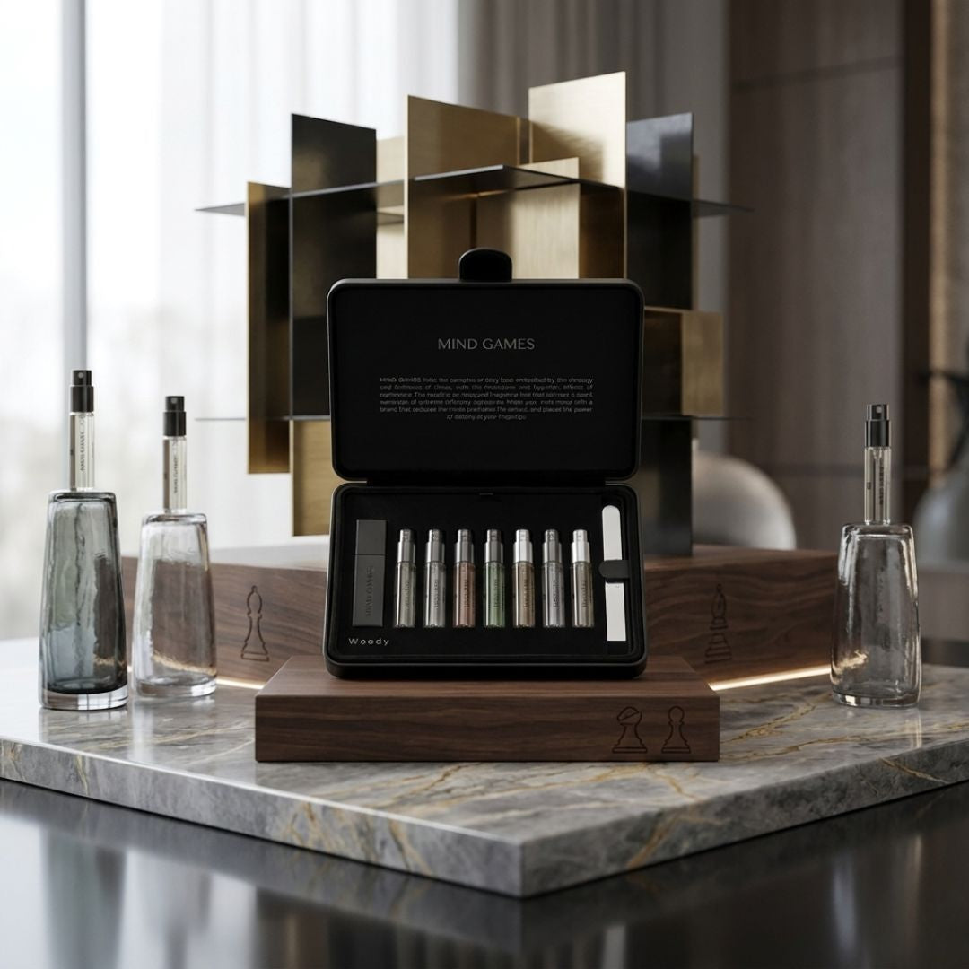 Mind Games Olfactive Woody 7-piece discovery set with seven 7.5ml perfume samples in a collection.