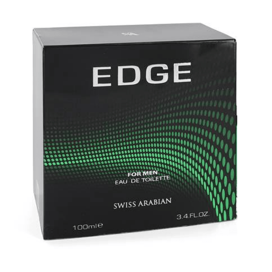 Swiss Arabian Edge for Men EDT 100ml bottle with sleek design and clear label, showcasing the men's fragrance packaging.