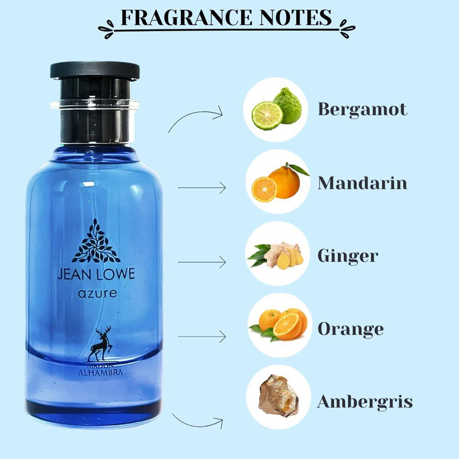 Maison Alhambra Jean Lowe Azure Eau de Parfum spray 100ml bottle with elegant design and fragrance details.
