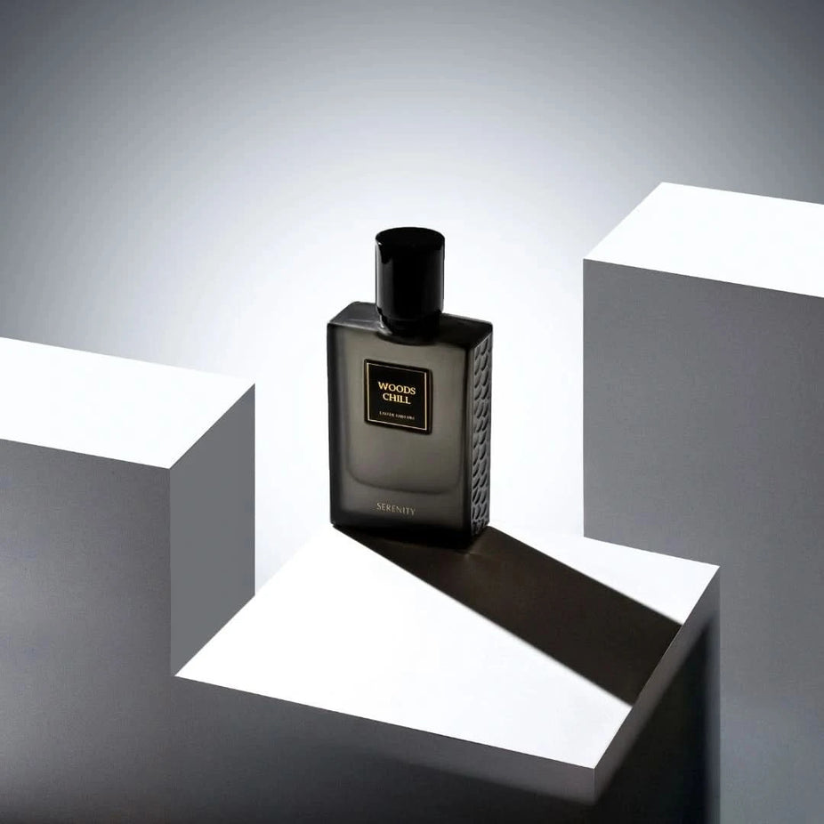 Serenity Woods Chill Eau de Parfum spray bottle with sleek 50ml design and minimalist label, showcasing the Serenity fragrance branding.