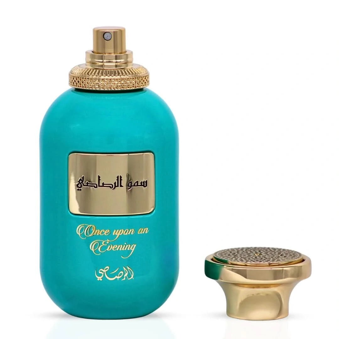Rasasi Somow Al Rasasi Once Upon an Evening Eau de Parfum spray in 100ml bottle with velvet pouch, elegant fragrance presentation