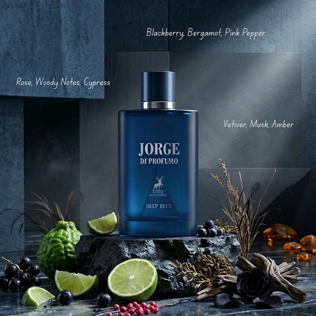 Maison Alhambra Summer Bundle featuring Jorge di Profumo, Aqua, and Deep Blue Eau de Parfum sprays in 100ml bottles.