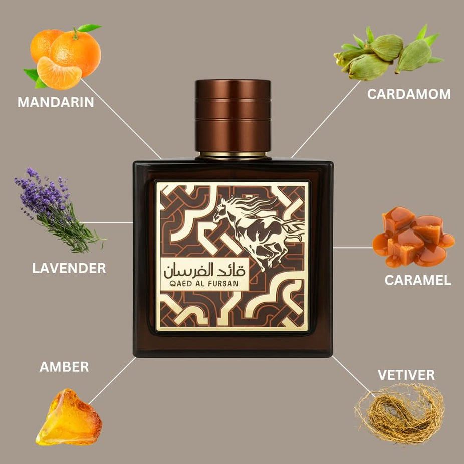 Qaed Al Fursan Untamed Eau de Parfum spray by Lattafa, 90ml bottle with elegant packaging and fragrance details.