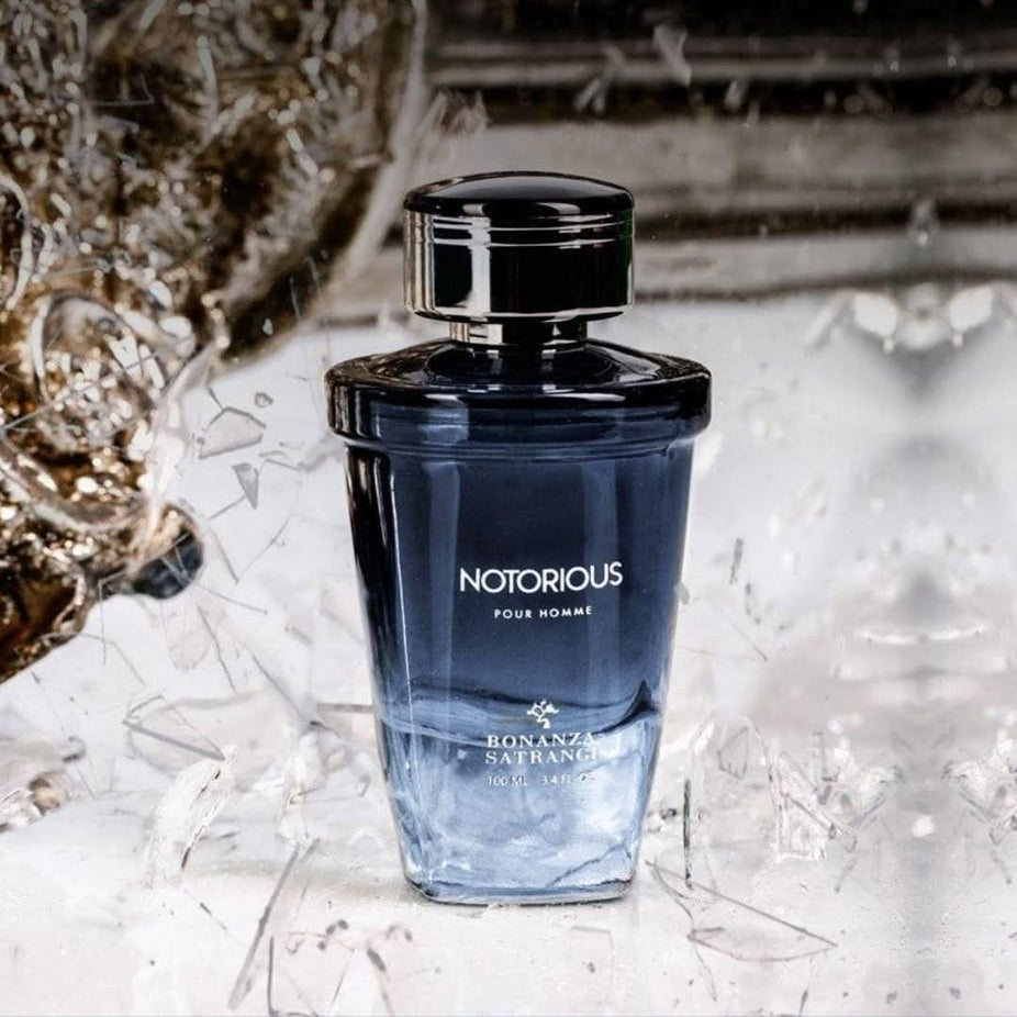 Bonanza Satrangi Notorious Pour Homme EDP spray 100ml bottle with sleek packaging and elegant design.