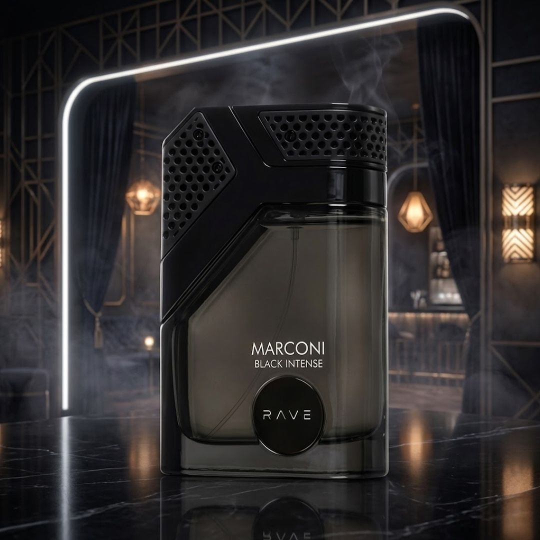 Marconi Black Intense Eau de Parfum spray by RAVE, 100ml bottle, sleek black packaging, showcasing the elegant perfume design.