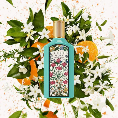 Gucci Flora Gorgeous Jasmine Eau de Parfum spray bottle, 100ml, featuring elegant floral design and a clear glass container.