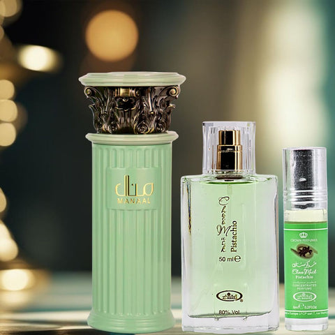 Manaal Eau De Parfum Spray 100ML by Ard Al Zaafaran & Choco Musk Pistachio Eau De Parfum Spray 50ML & Perfume Roll On 6ML by Al Rehab | Double Cream & Cocoa – A Gourmand Lover’s Fantasy (Bundle) - Intense Oud
