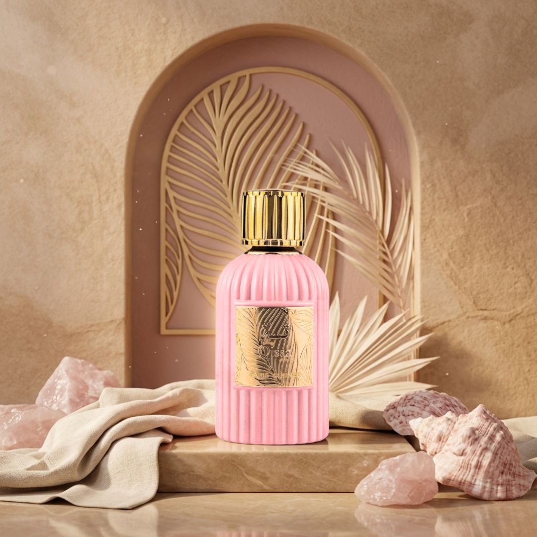 Qissa Pink Eau de Parfum Spray by Paris Corner, 100ml bottle with elegant pink packaging and floral fragrance details.