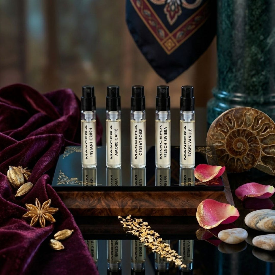 Discovery Set of 5 Mancera Eau de Parfum 8ml bottles, showcasing elegant glass bottles with black caps in a sleek display.