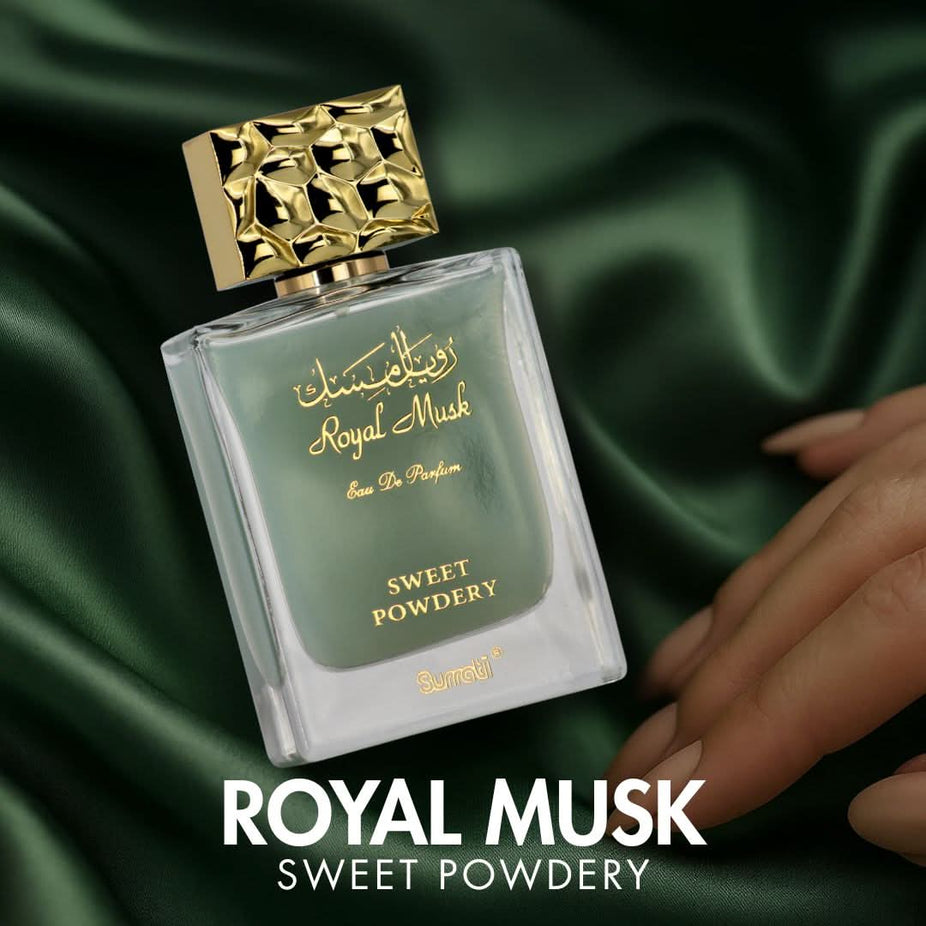Surrati Royal Musk Sweet Powdery Eau de Parfum spray bottle, 100ml, with elegant packaging and cap.