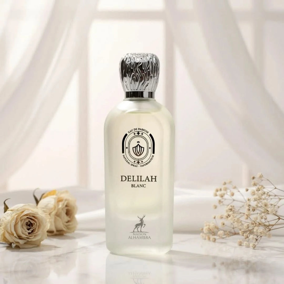 Maison Alhambra Delilah Blanc Eau de Parfum spray 100ml bottle, elegant fragrance packaging and design.