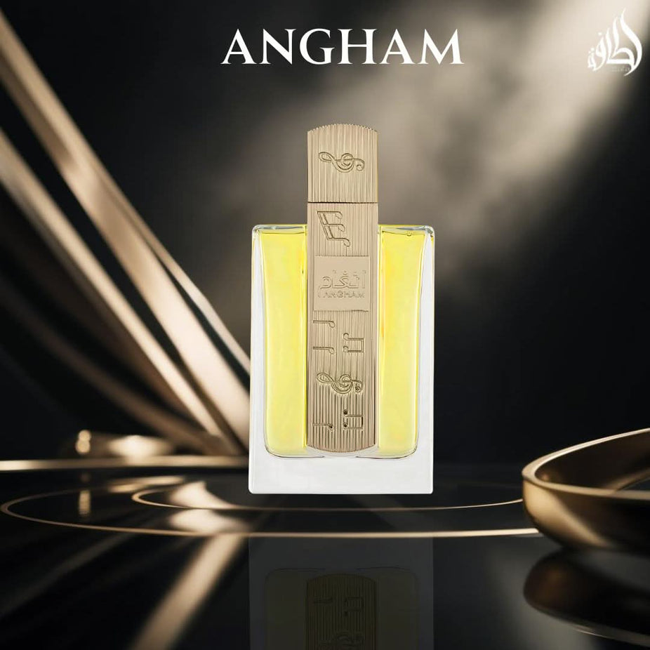 Lattafa Angham Eau de Parfum spray 100ml bottle, elegant design, showcasing the luxurious perfume for women.