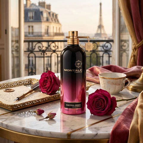 Montale Oud Fool Roses Eau de Parfum spray bottle, 100ml, featuring floral and woody fragrance notes.