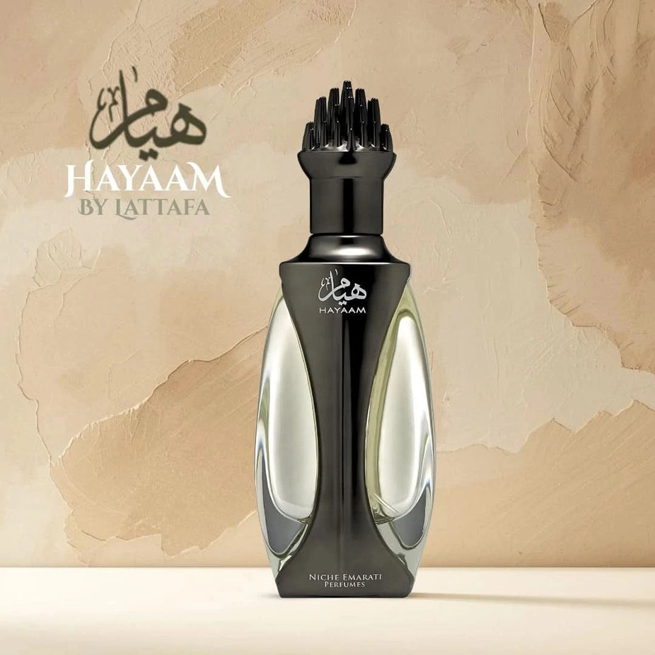 Lattafa Niche Emarati Hayaam Eau de Parfum spray 100ml bottle with elegant design, showcasing the luxurious fragrance.