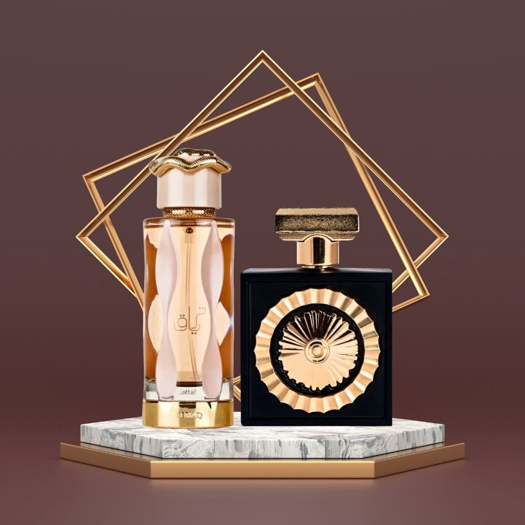 Lattafa Nebras & Teriaq Eau de Parfum Spray bundle, 100ml each, featuring elegant glass bottles with spray caps, displayed together.