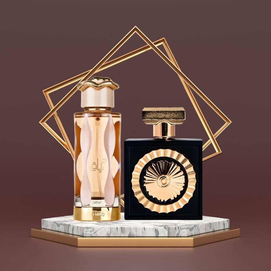 Lattafa Nebras & Teriaq Eau de Parfum Spray bundle, 100ml each, featuring elegant glass bottles with spray caps, displayed together.