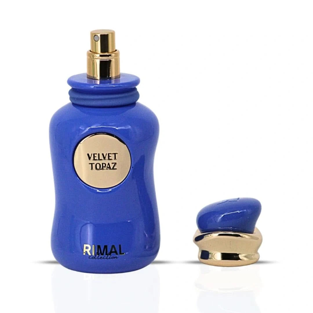 Velvet Topaz Eau de Parfum spray by Rimal Collection, 100ml bottle with elegant fragrance design on a sleek surface.