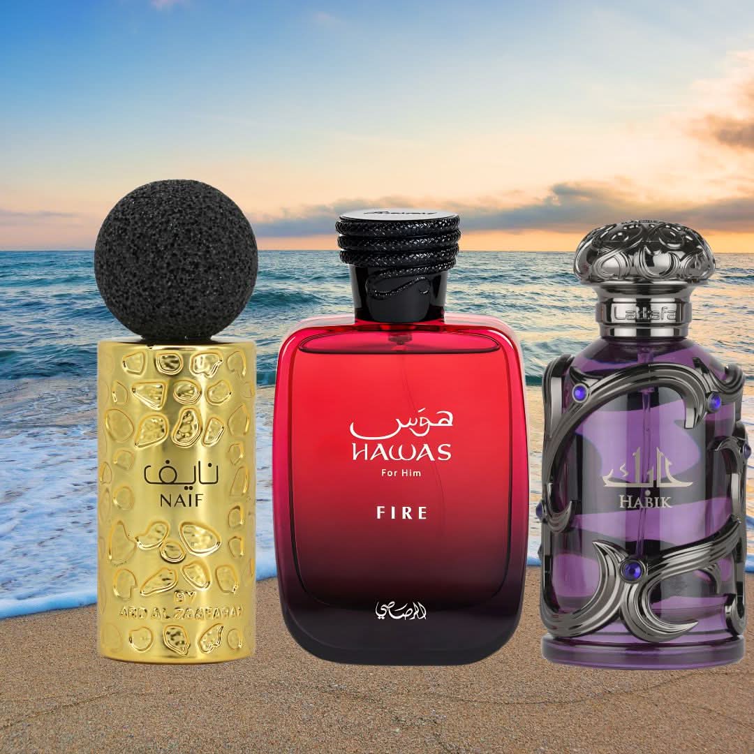 Bundle of 100ml Eau de Parfum sprays including Hawas Fire by Rasasi, Habik Men by Lattafa, and Naif by Ard Al Zaafaran in Intense Oud brand.