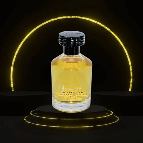 Al Rehab Spanish Vanilla Eau de Parfum spray in 100ml bottle, featuring a sleek design, displayed with a velvet pouch.