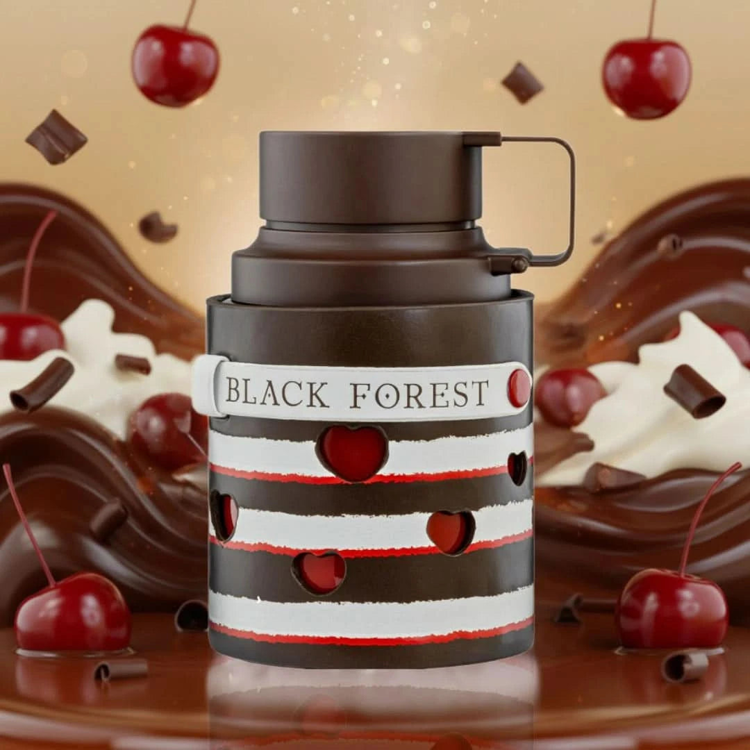Odyssey Black Forest Eau de Parfum spray by Armaf, 100ml, shown in a velvet pouch, with dark glass bottle and elegant design.