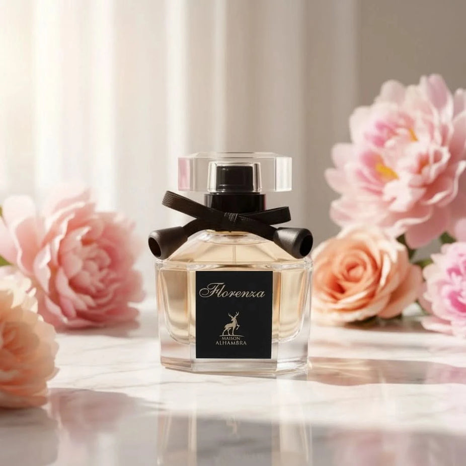 Florence Eau de Parfum Spray by Maison Alhambra, 100ml bottle with elegant design, showcasing the luxurious perfume inside.