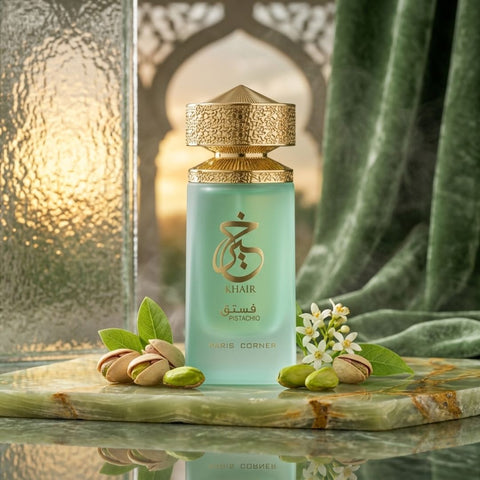 Paris Corner Khair Pistachio Eau de Parfum spray 100ml bottle with pistachio and floral accents, elegant perfume packaging.