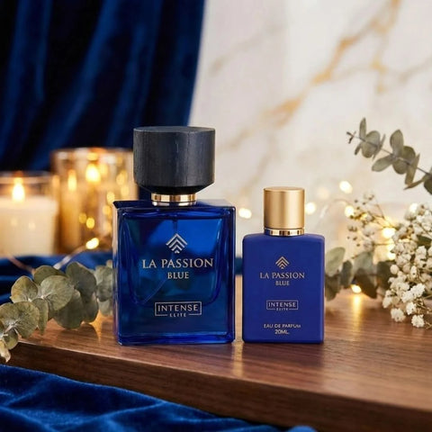 Intense Elite La Passion Blue perfume bundle featuring 100ml and mini 20ml Eau de Parfum sprays with blue packaging.