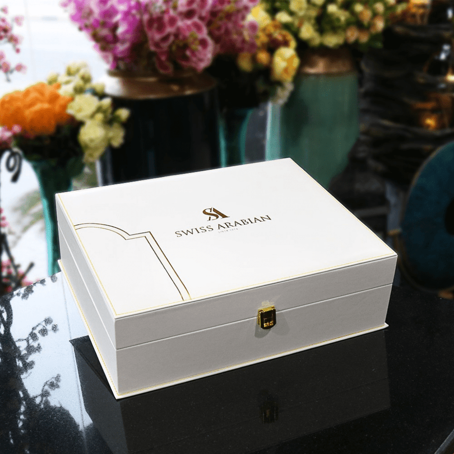 Swiss Arabian Bakhoor Gift Set from the Exclusive Collection, featuring decorative boxes and traditional incense pieces.