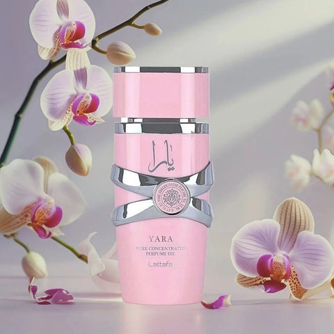 Lattafa Yara Concentrated Perfume Oil 20ml with elegant glass bottle and gold cap, showcasing the luxurious fragrance container.