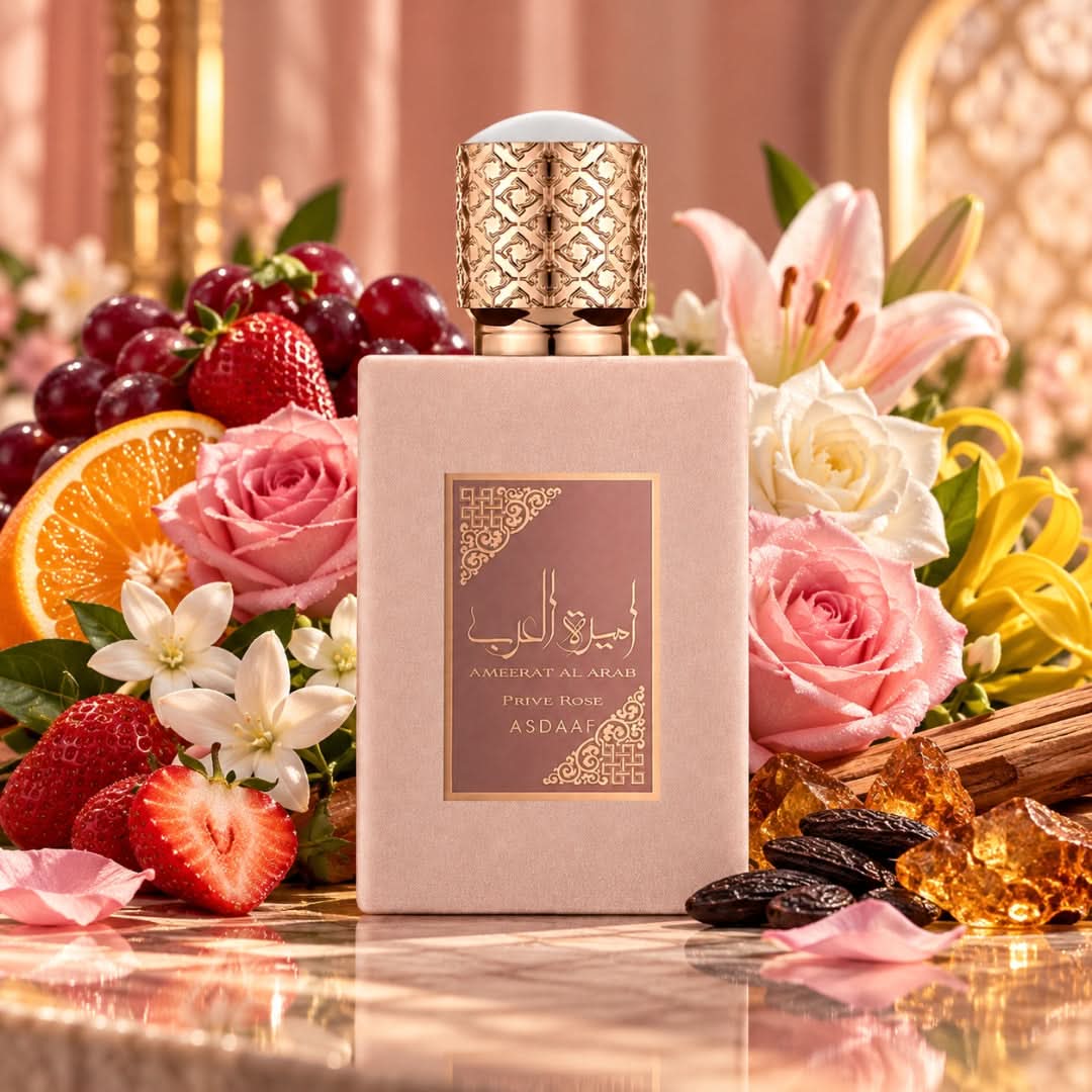 Ameerat Al Arab Prive Rose Eau De Parfum spray by Lattafa, 100ml, with elegant packaging and velvet pouch.